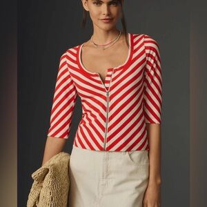 Maeve Anthropologie Zip Up Scoop Neck Top Small Red White Striped NWT
